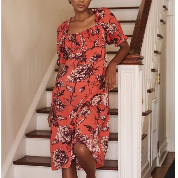 Anthropologie Puff-Sleeve Smocked Dress Midi Floral Orange Size Small - Picture 2 of 12